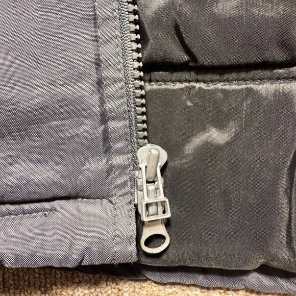 Vintage 90s Nike Dark Grey Navy Yellow Coach Puffer Long Jacket Large Zip Hood - Picture 9 of 12